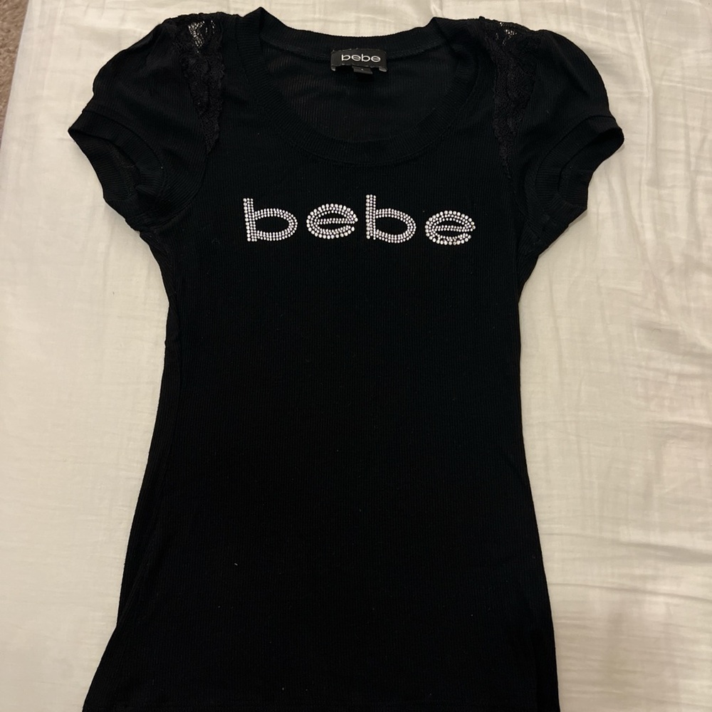 Vintage Bebe Black Rhinestone Logo Top